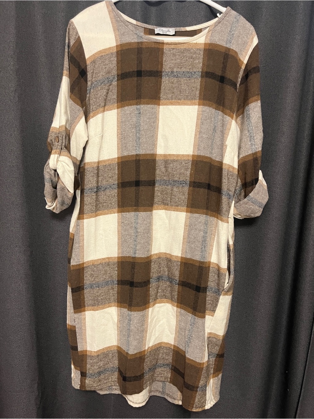 Eternelle Cream, Brown & Gray Plaid Asymmetrical Tunic Dress